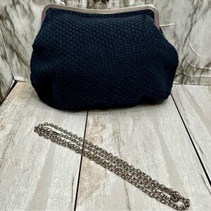 Navy Blue Crochet Knit Clutch Removable Crossbody Chain Strap Boho Chic Metro